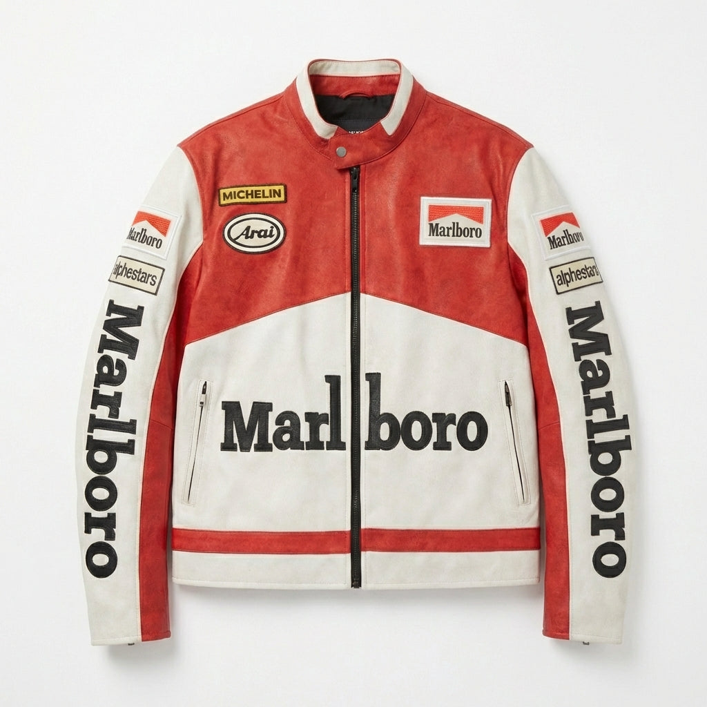 Marlboro Racing Color Block Jacke Rot Weiß | Reißverschluss vorne mit aufgenähtem Logo im Moto-Stil
