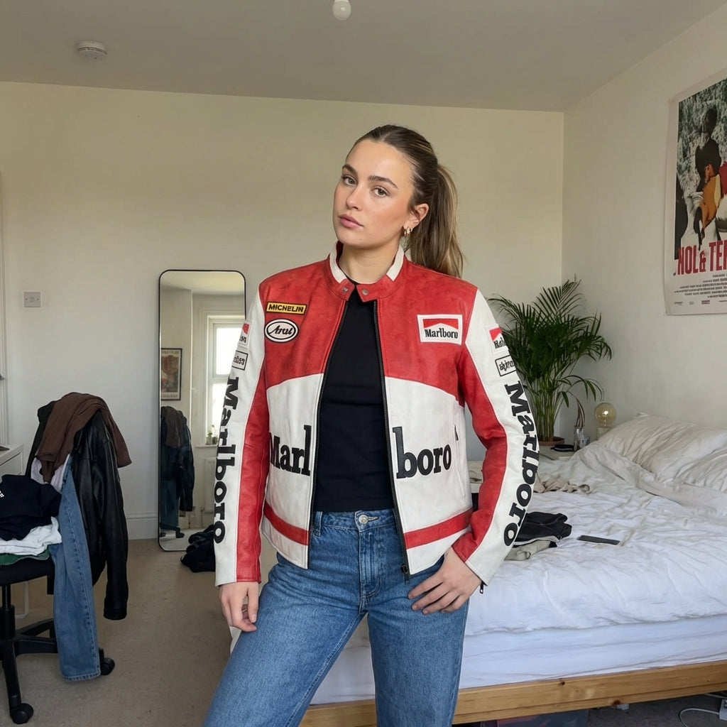 Marlboro Racing Color Block Jacke Rot Weiß | Reißverschluss vorne mit aufgenähtem Logo im Moto-Stil