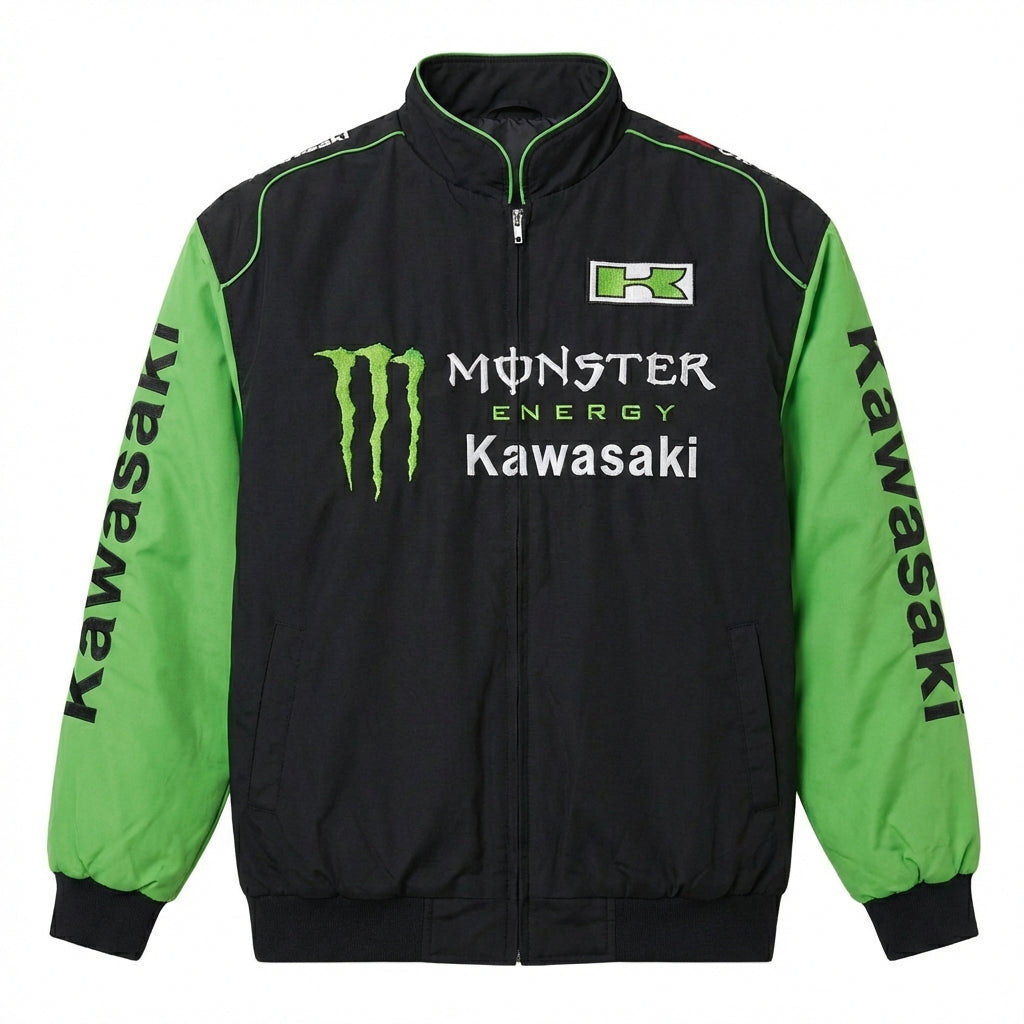 Kawasaki Monster Energy Reißverschluss Rennjacke Schwarz/Grün | Motocross Team Logo Bomber