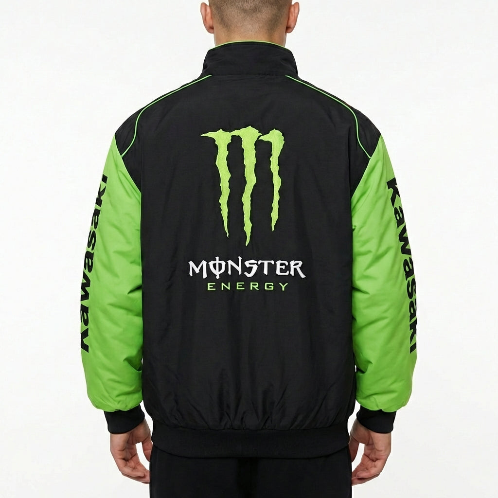 Kawasaki Monster Energy Reißverschluss Rennjacke Schwarz/Grün | Motocross Team Logo Bomber