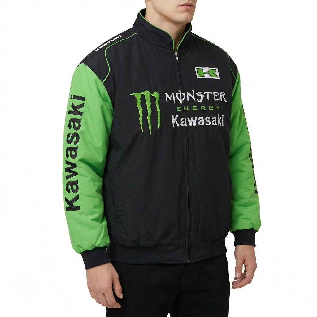 Kawasaki Monster Energy Reißverschluss Rennjacke Schwarz/Grün | Motocross Team Logo Bomber