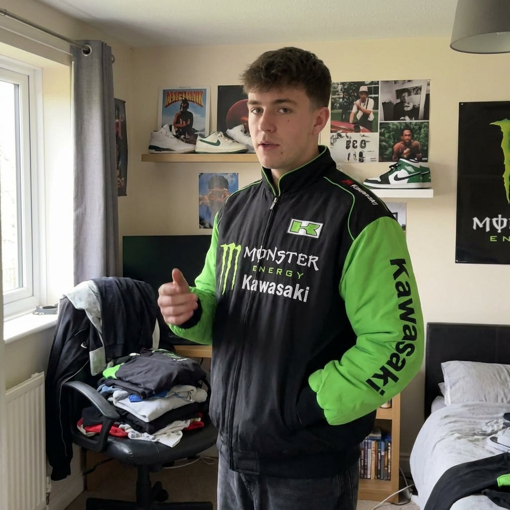 Kawasaki Monster Energy Reißverschluss Rennjacke Schwarz/Grün | Motocross Team Logo Bomber