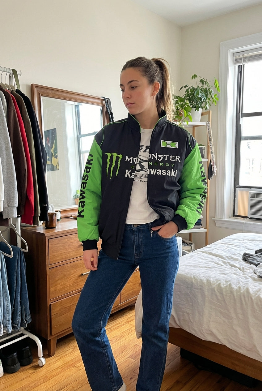 Kawasaki Monster Energy Reißverschluss Rennjacke Schwarz/Grün | Motocross Team Logo Bomber