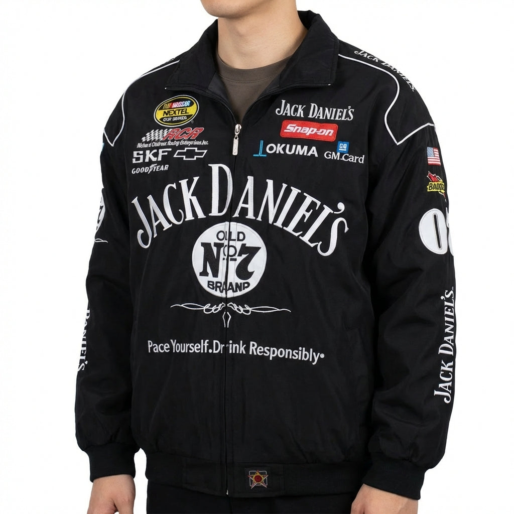 Jack Daniel's Old No. 7 Rennjacke Schwarz | Voller Reißverschluss NASCAR Sponsorlogos
