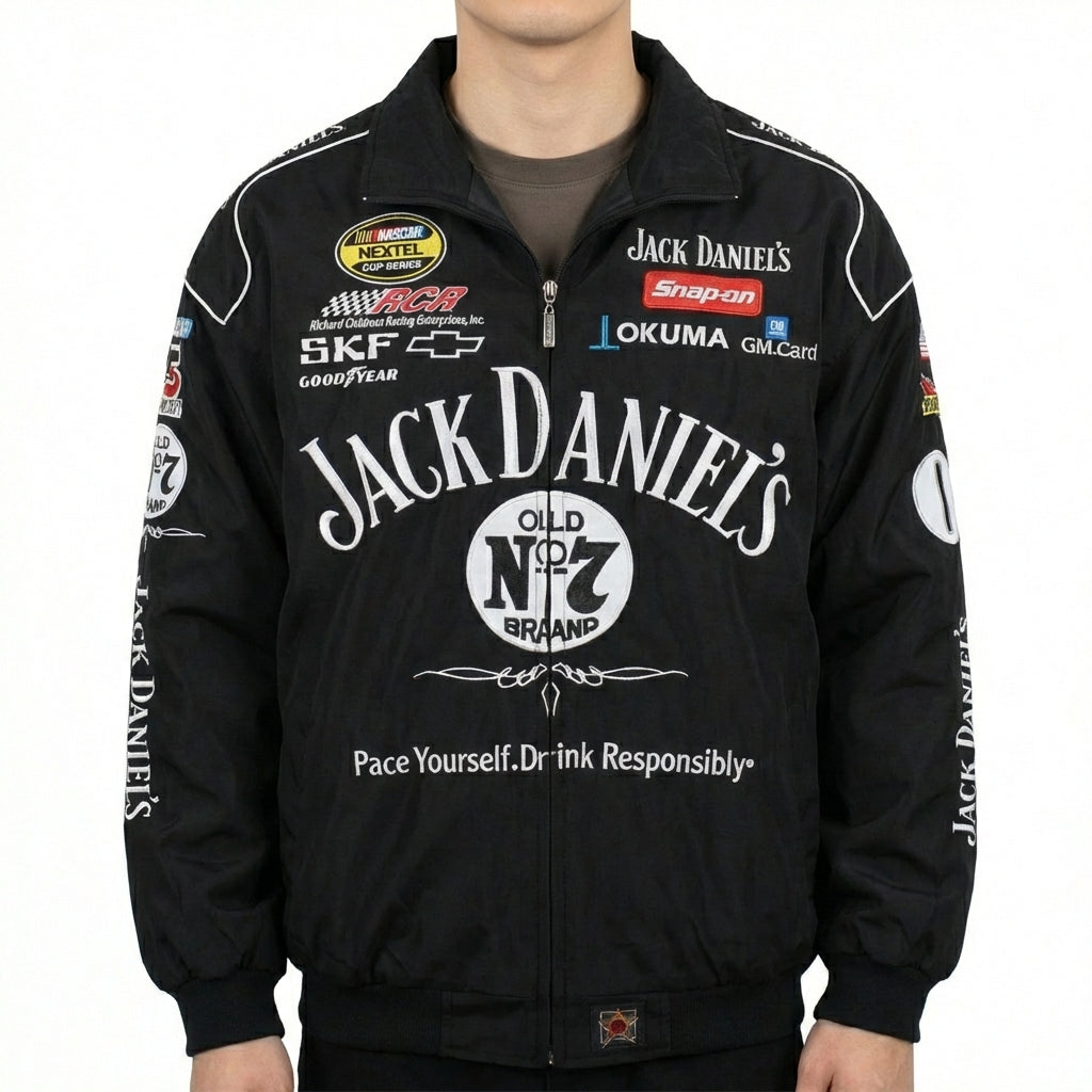 Jack Daniel's Old No. 7 Rennjacke Schwarz | Voller Reißverschluss NASCAR Sponsorlogos