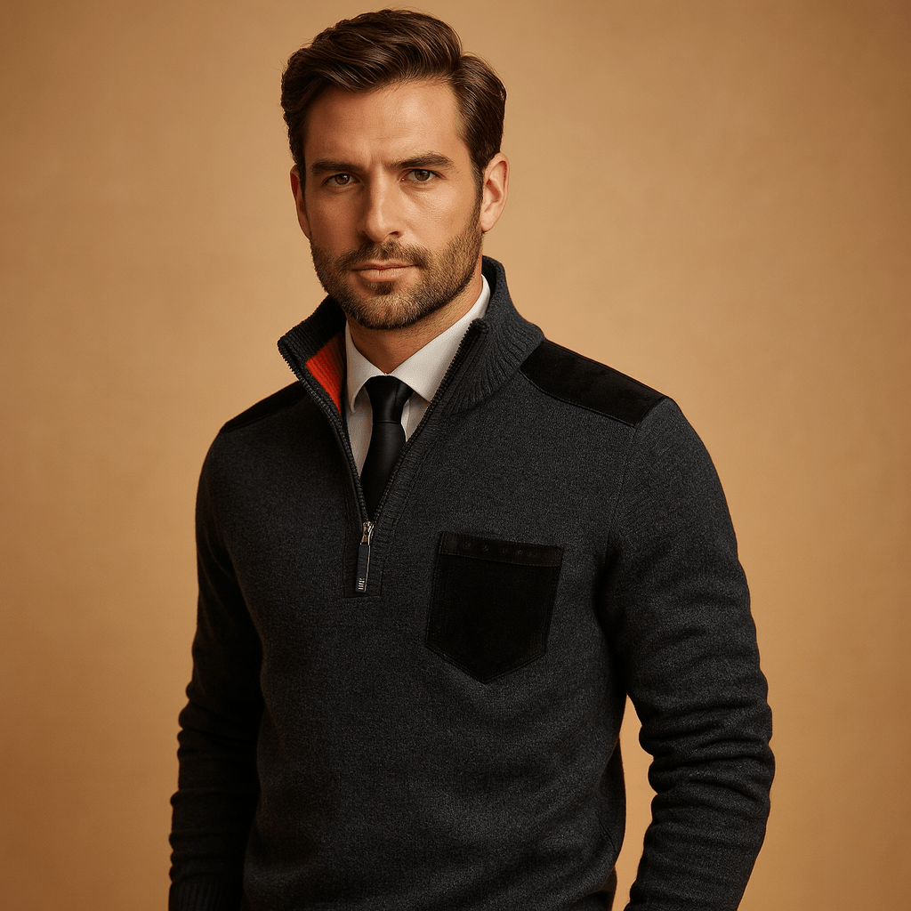 Pullover Herren, Halb-Reißverschluss, Kragen, Brusttasche