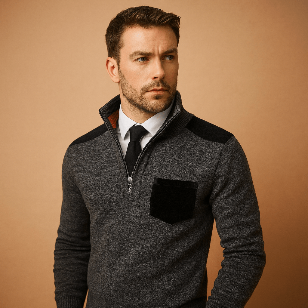 Pullover Herren, Halb-Reißverschluss, Kragen, Brusttasche