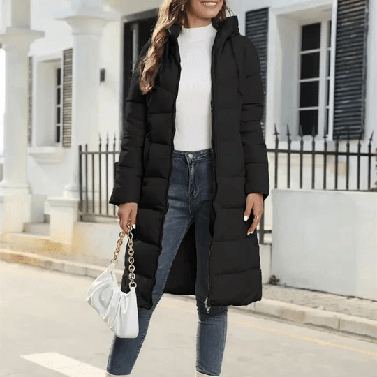 Giacca trapuntata da donna calda con cappuccio, cappotto lungo