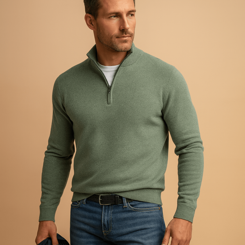 Maglione uomo, vestibilità comoda, chiusura frontale con zip per uso quotidiano