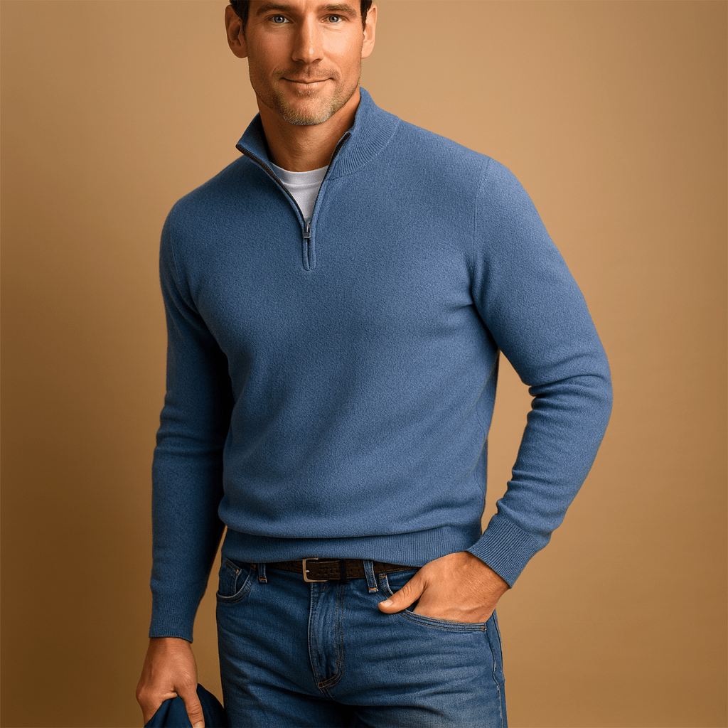 Maglione uomo, vestibilità comoda, chiusura frontale con zip per uso quotidiano