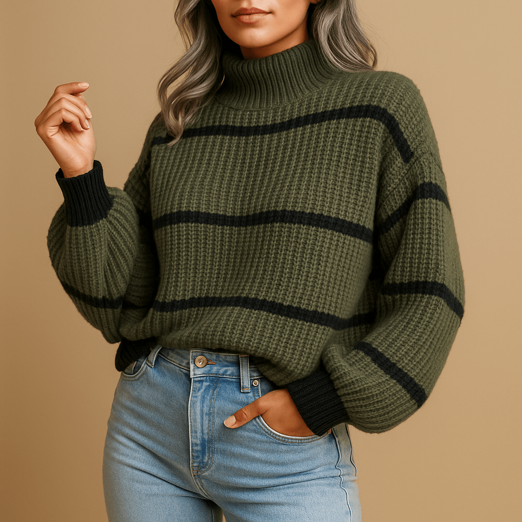 Damen Pullover Hoher Kragen Langarm Gestreiftes Muster Lockere Passform