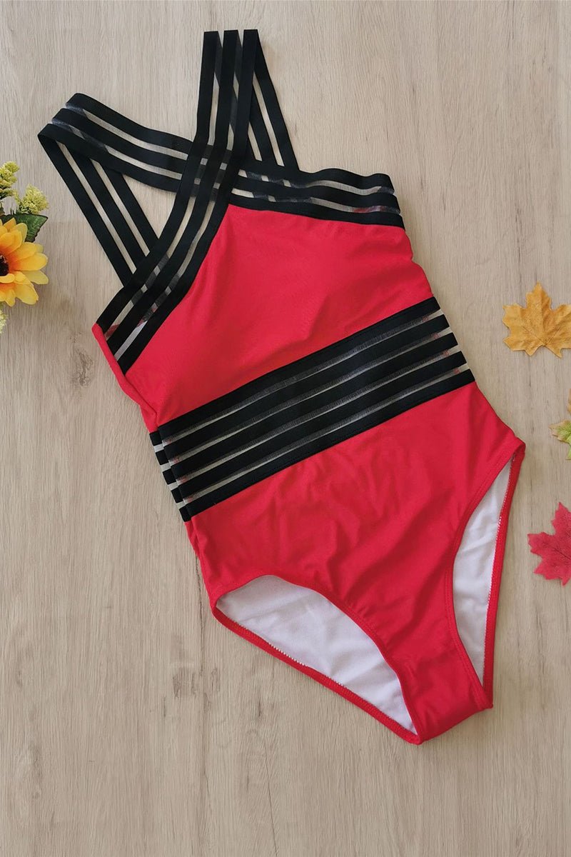 Damen Badeanzug, Einteiler, Neckholder, Träger, transparenter Tailleneinsatz