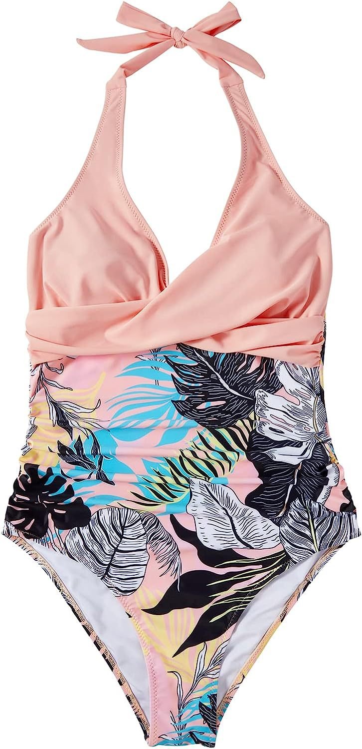 Damen Badeanzug, V-Ausschnitt, Neckholder, rückenfrei, Einteiler, geraffte Taille