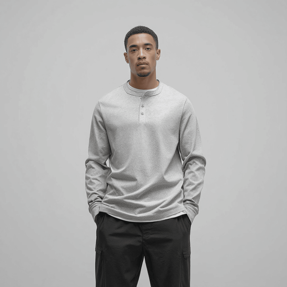 T-Shirt Herren Langarm Kragenlos