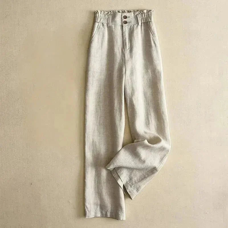 Damen Hose Leinen, hohe Taille, weiter Schnitt, elastischer Bund