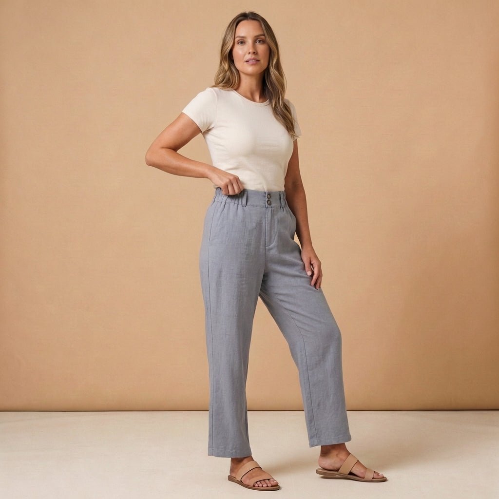 Damen Hose Leinen, hohe Taille, weiter Schnitt, elastischer Bund