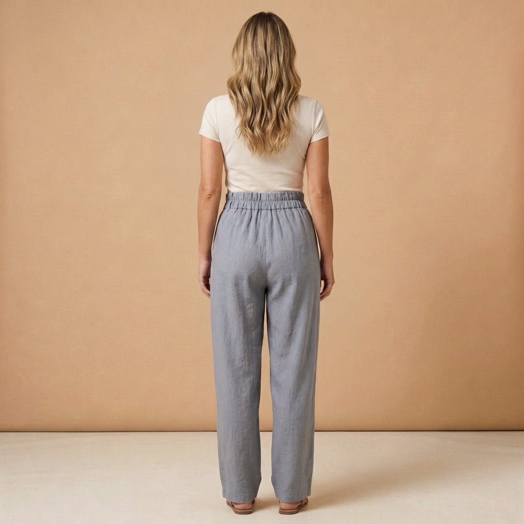 Damen Hose Leinen, hohe Taille, weiter Schnitt, elastischer Bund