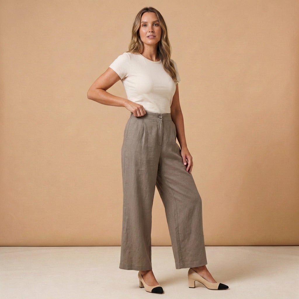 Pantaloni da donna in lino, vita alta, gamba larga, chiusura con bottoni e zip
