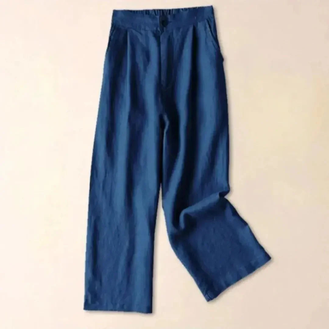 Pantaloni da donna in lino, vita alta, gamba larga, chiusura con bottoni e zip