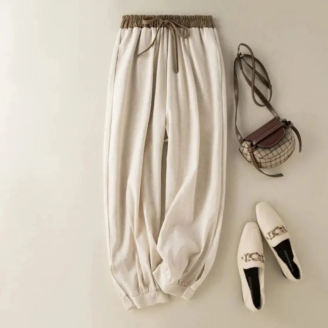 Pantaloni da donna in lino, vestibilità rilassata, vita con coulisse, polsini regolabili