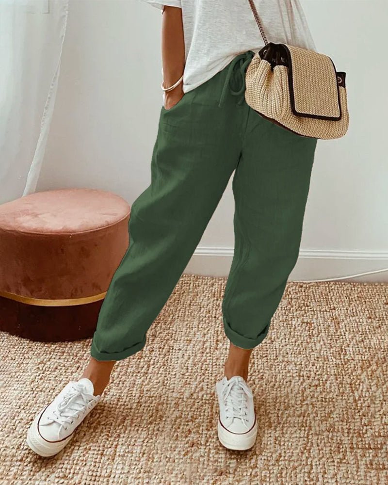 Pantaloni da donna in lino, vestibilità rilassata, vita con coulisse, lunghezza completa
