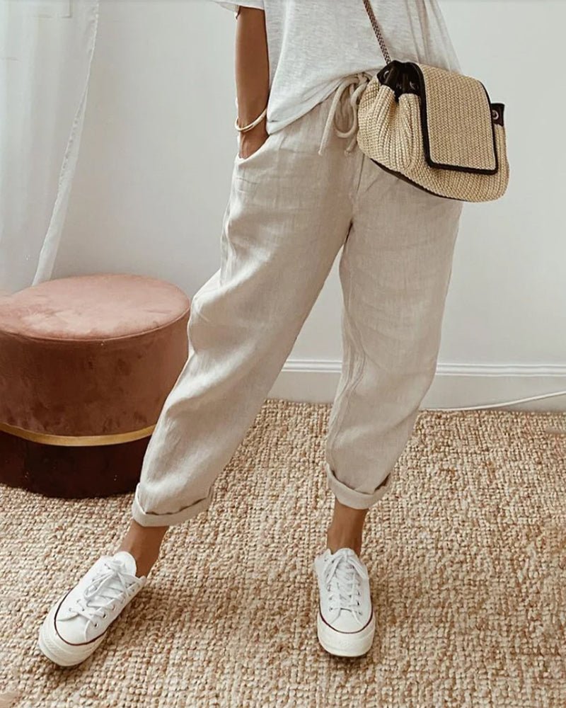Pantaloni da donna in lino, vestibilità rilassata, vita con coulisse, lunghezza completa