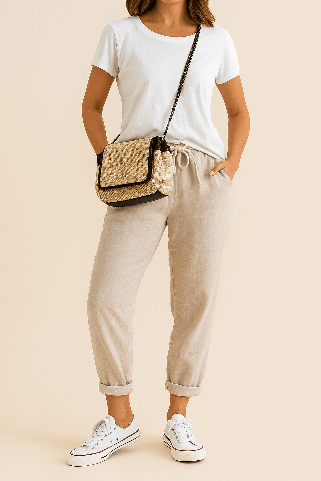 Pantaloni da donna in lino, vestibilità rilassata, vita con coulisse, lunghezza completa