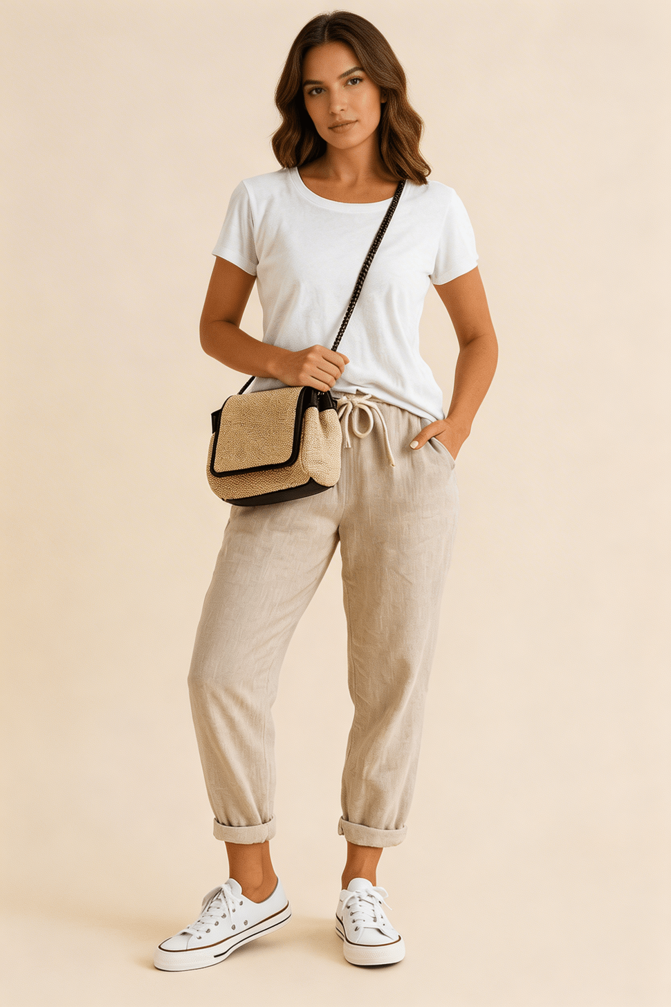 Pantaloni da donna in lino, vestibilità rilassata, vita con coulisse, lunghezza completa