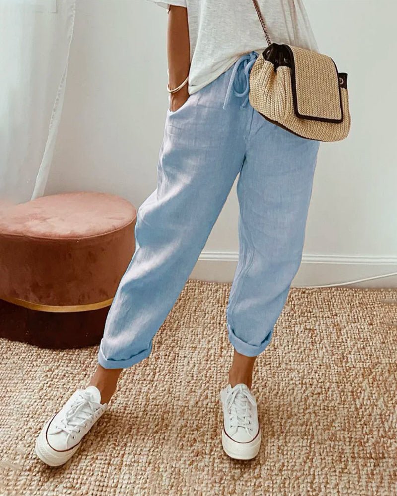 Pantaloni da donna in lino, vestibilità rilassata, vita con coulisse, lunghezza completa