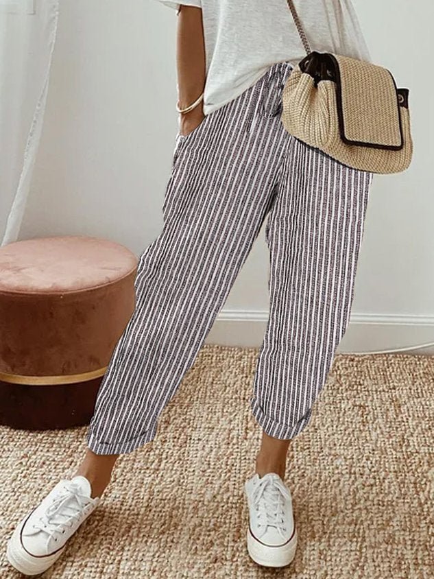 Pantaloni da donna in lino, vestibilità rilassata, vita con coulisse, lunghezza completa
