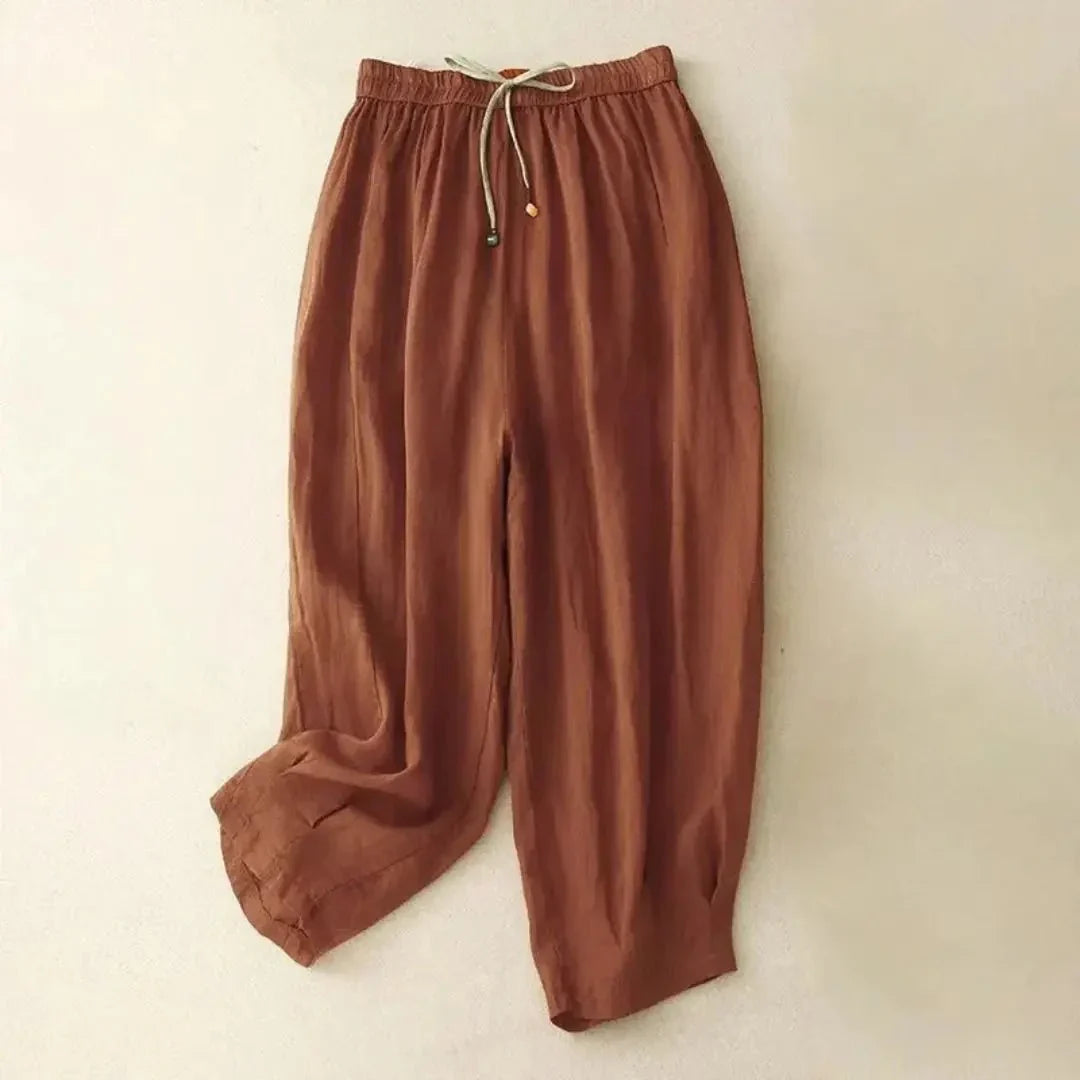 Damen Hose Leinen, lockere Passform, schmal zulaufendes Bein, Kordelzugbund