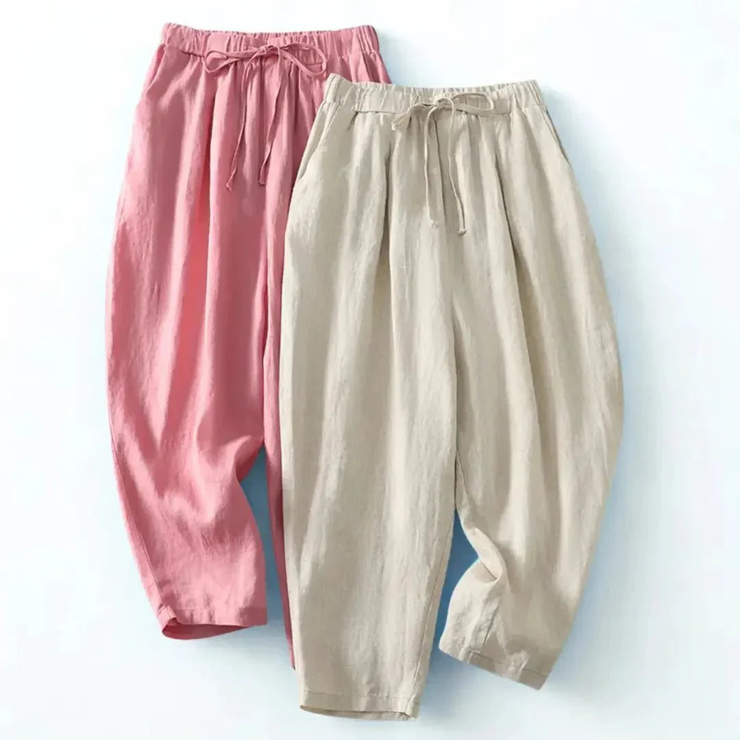 Damen Hose Leinen, weiter Bein, knöchellang, Kordelzugbund