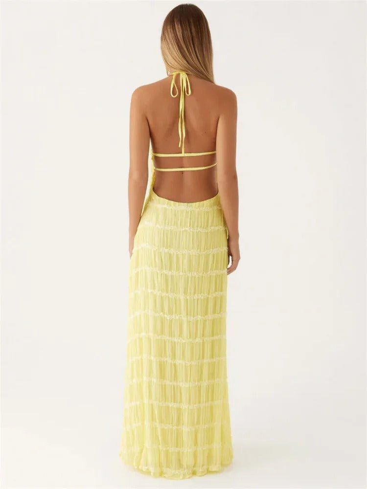 Abito maxi da donna collo halter schiena scoperta design plissettato