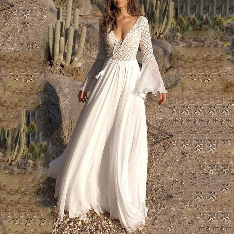 Damen Maxikleid Langarm A-Linie V-Ausschnitt Schnürung Schnitt