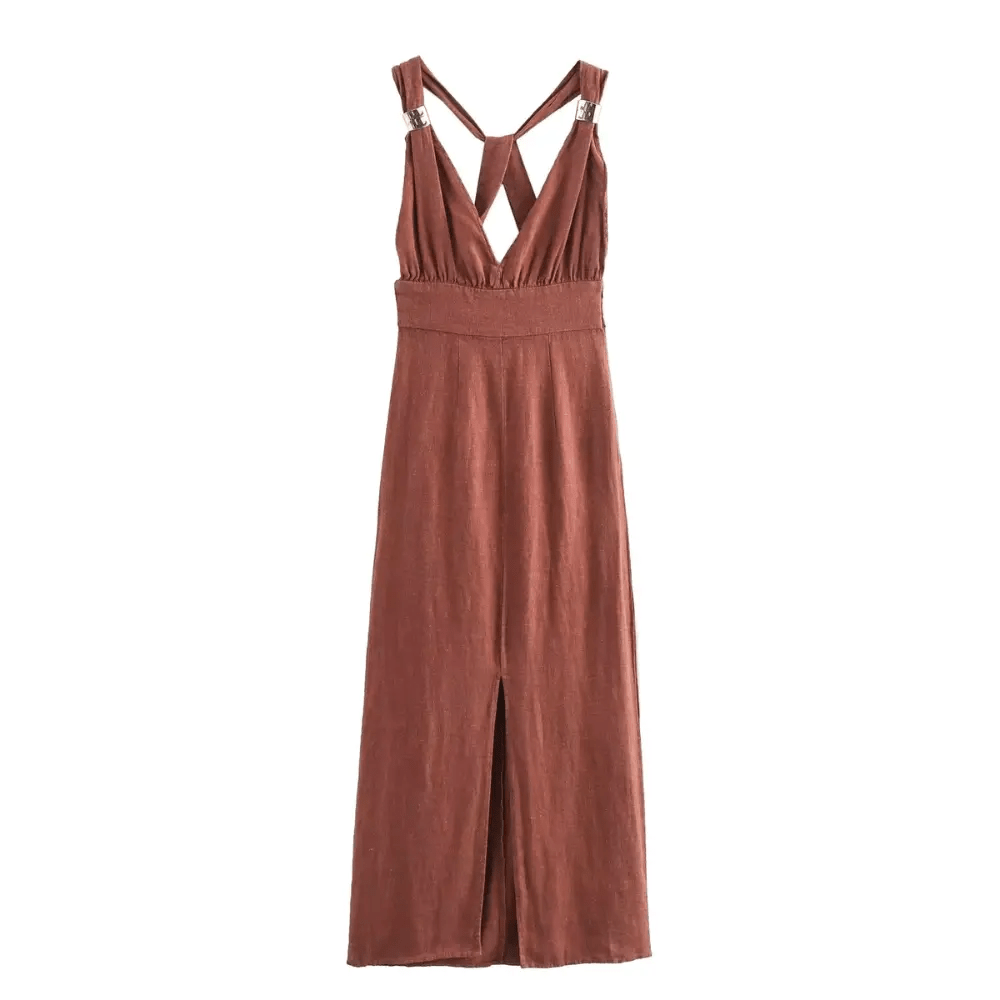 Damen Maxikleid Ärmellos, tiefer V-Ausschnitt, offener Rücken