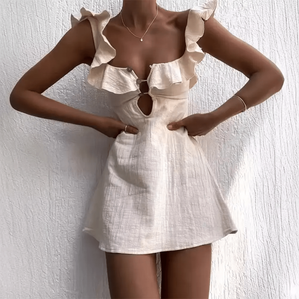 Damen Minikleid Leinen, V-Ausschnitt, Spaghettiträger, über dem Knie