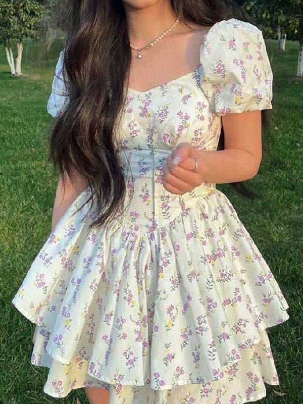 Damen Minikleid Herzausschnitt Puffärmel Kurzer Schnitt