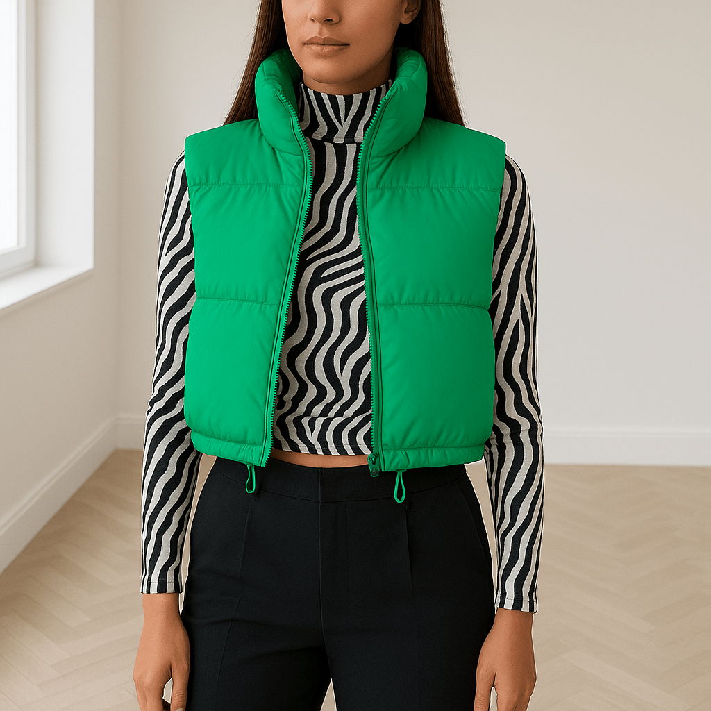 Gilet corto da donna — Senza maniche, collo alto con zip, imbottito