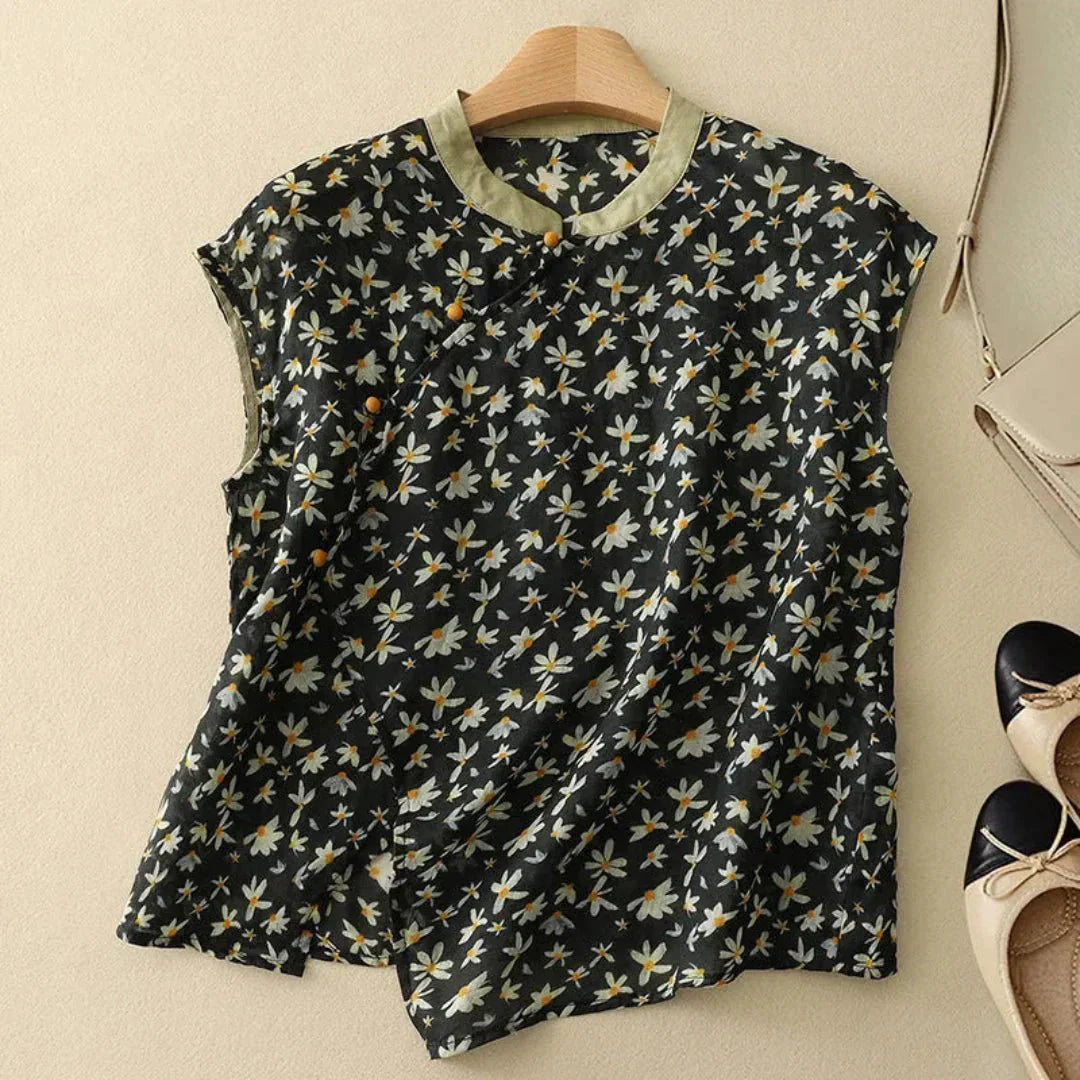 Damen Leinenbluse - Ärmellos, Stehkragen, Knopfleiste