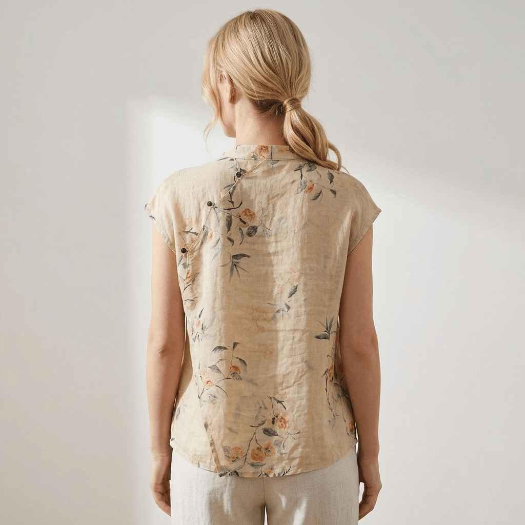 Damen Leinenbluse - Ärmellos, Stehkragen, Knopfleiste