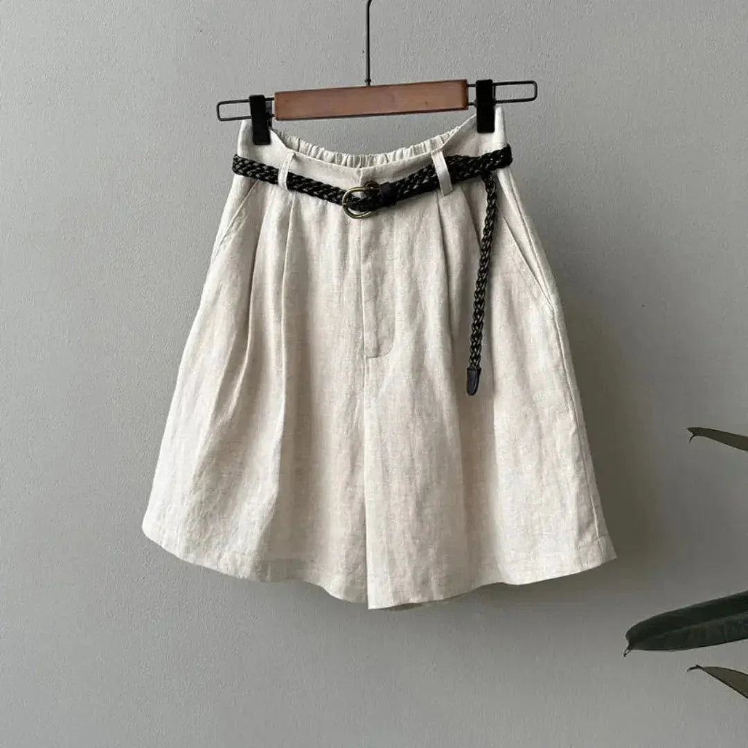 Leinen-Shorts Damen, hohe Taille, Falten, elastischer Bund