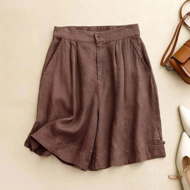 Leinen-Shorts Damen, hohe Taille, lockere Passform, Knopfverschluss
