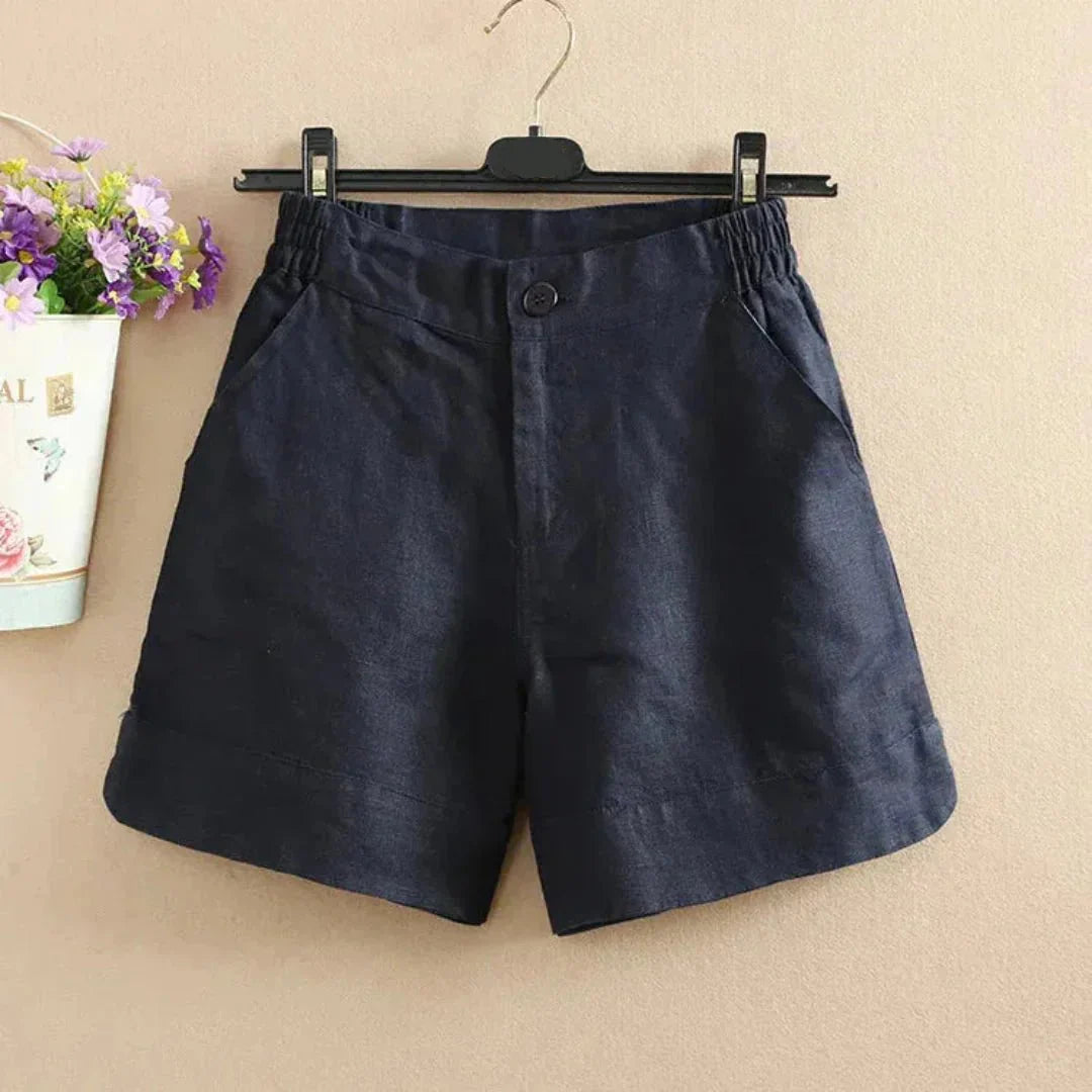 Leinen-Shorts Damen, lockere Passform, mittlere Länge, Knopfverschluss