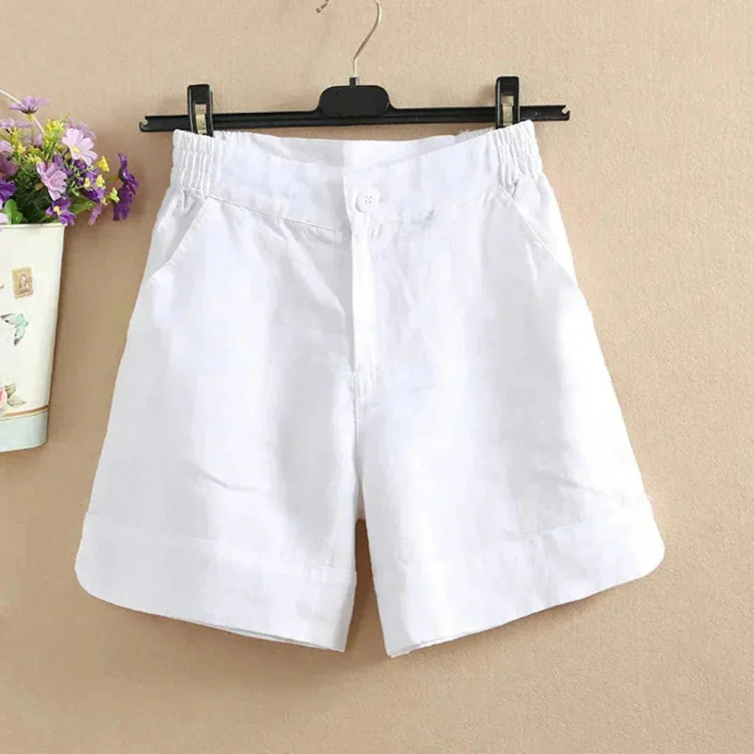 Leinen-Shorts Damen, lockere Passform, mittlere Länge, Knopfverschluss
