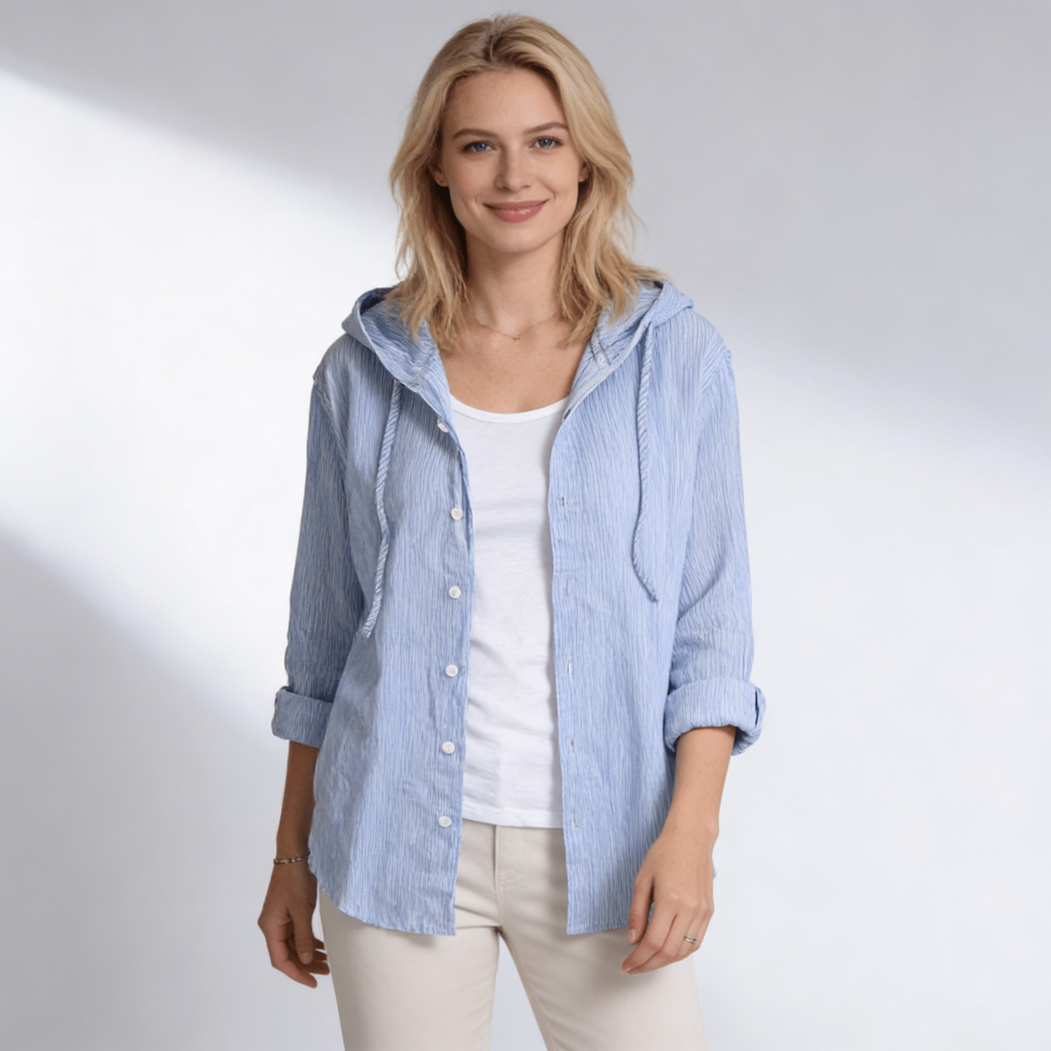 Camisa de lino para mujer - Corte regular, manga larga, cierre de botones