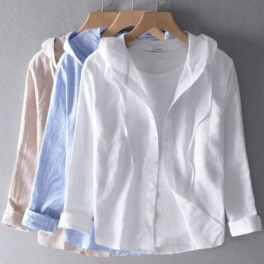 Camisa de lino para mujer - Corte regular, manga larga, cierre de botones