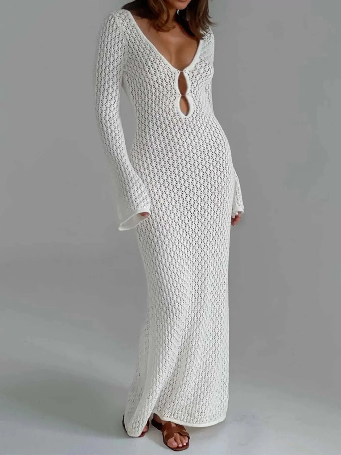 Damen Maxikleid — Langärmlig, Schlüsselloch-Ausschnitt, bodenlang
