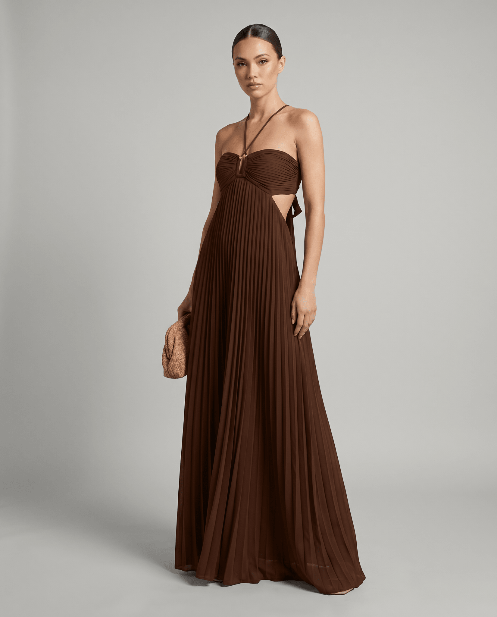 Vestito maxi donna — gonna plissettata, scollo all'americana, schiena scoperta
