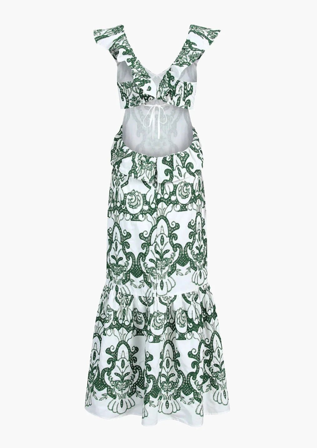 Vestido maxi para mujer — escote pronunciado, espalda descubierta y bordado