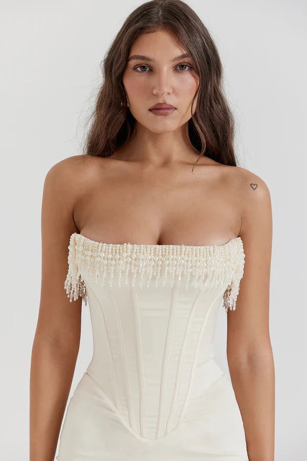 Abito lungo da donna — Scollo senza spalline, design con corpino a corsetto